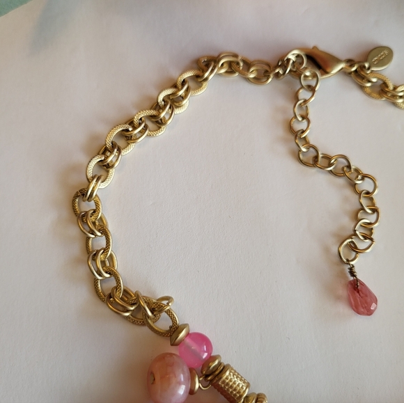 Chico's Necklace Pink Glass Slab Mother Of Pearl Goldtone Statement Jewelry 18" - Picture 9 of 12